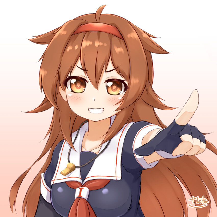 1girl artist_logo black_serafuku black_shirt breasts brown_eyes brown_hair gloves gradient_background grin hair_flaps hairband highres kantai_collection logo long_hair medium_breasts neckerchief one-hour_drawing_challenge orange_hairband partially_fingerless_gloves pointing red_neckerchief sailor_collar sailor_shirt school_uniform serafuku shiratsuyu_(kancolle) shiratsuyu_kai_ni_(kancolle) shirt smile solo upper_body v-shaped_eyebrows whistle whistle_around_neck white_sailor_collar zanne