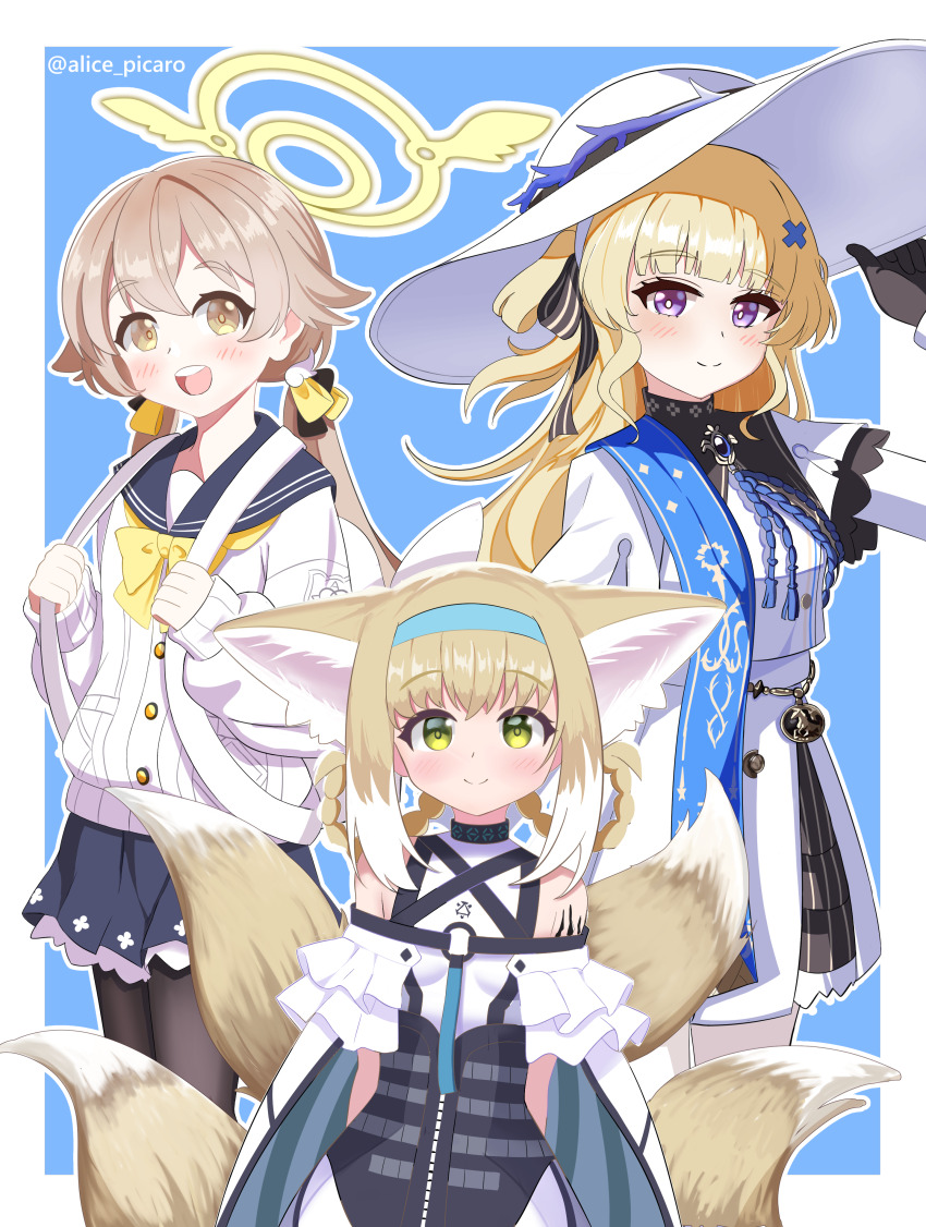 3girls absurdres alice_picaro animal_ears aqua_hairband arknights black_gloves blonde_hair blue_archive blue_hairband braid braided_hair_rings brown_hair cardigan crossover fox_ears fox_girl fox_tail gloves green_eyes hair_rings hairband halo hat hifumi_(blue_archive) highres holding holding_hat holding_unworn_clothes hondo_kaede kitsune kyuubi long_hair low_twintails multiple_girls multiple_tails phoebe_(wuthering_waves) purple_eyes school_uniform sun_hat suzuran_(arknights) tail twintails voice_actor_connection white_cardigan winged_halo wuthering_waves yellow_eyes yellow_halo