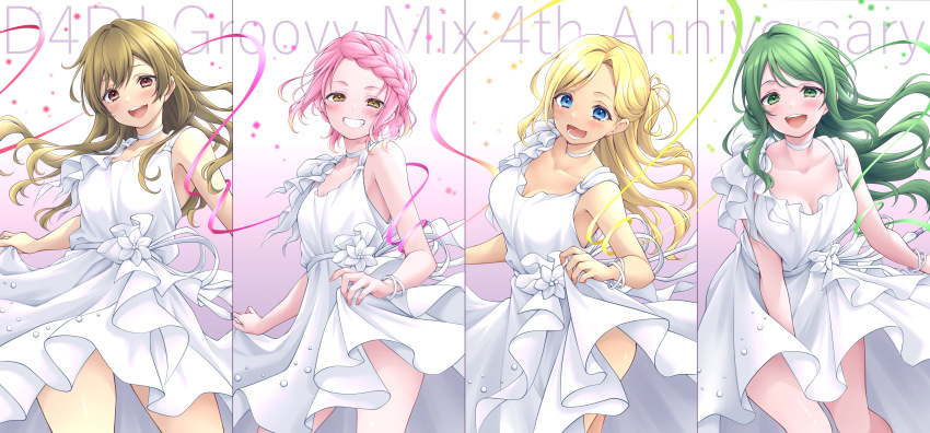 4girls :3 :d absurdres anniversary blonde_hair blue_eyes braid breasts brown_hair choker cleavage collarbone colored_tips copyright_name d4dj dress floating_hair flower green_eyes green_hair grin highres inuyose_shinobu long_hair lower_teeth_only multicolored_hair multiple_girls open_mouth peaky_p-key piyopiyomaru_(piyo8823) red_eyes sasago_jennifer_yuka shimizu_esora skirt_hold smile teeth upper_teeth_only white_choker white_dress yamate_kyouko yellow_eyes