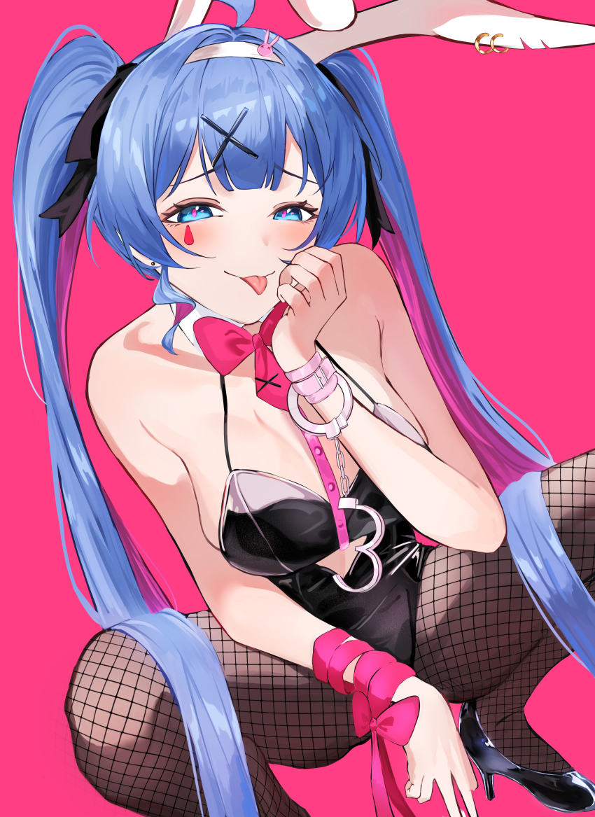 1girl :p absurdres animal_ears black_footwear black_leotard blue_eyes blue_hair blush breasts clothing_cutout collar commentary cuffs detached_collar fake_animal_ears fishnet_pantyhose fishnets hair_ornament hairband handcuffs hatsune_miku high_heels highres leotard necktie pantyhose pink_background pink_necktie pink_pupils playboy_bunny puranetto_(vjun4748) rabbit_ears rabbit_hole_(vocaloid) solo spread_legs squatting teardrop_facial_mark tongue tongue_out twintails vocaloid white_collar white_hairband x_hair_ornament