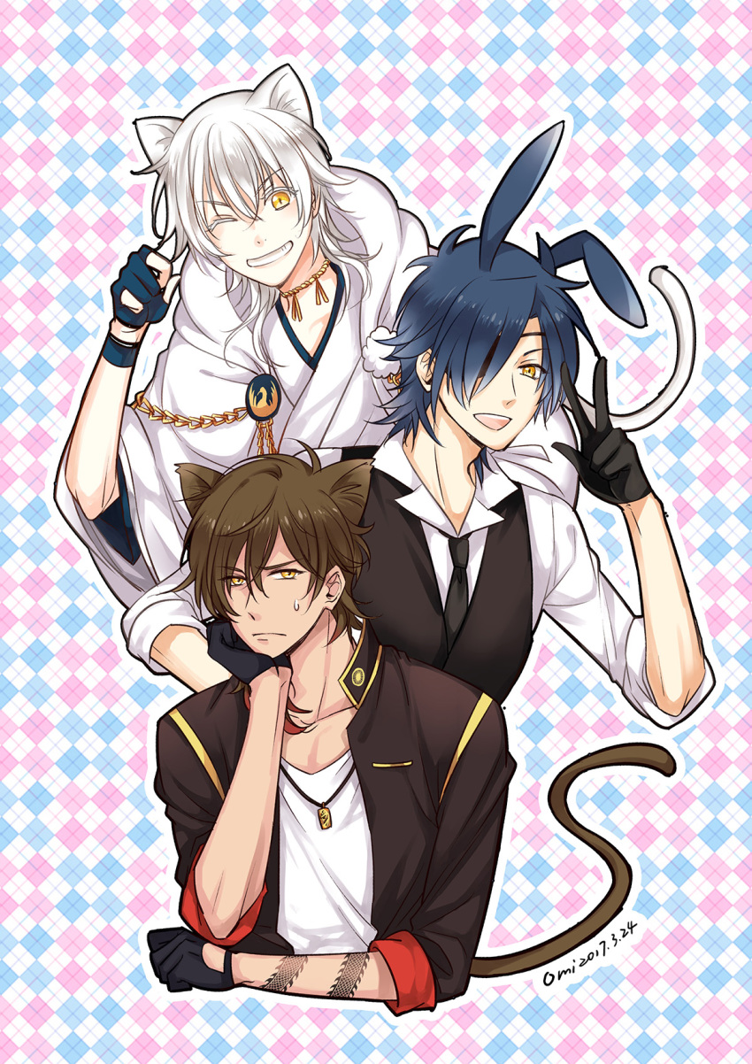 10s 3boys animal_ears argyle_background argyle_clothes black_gloves black_hair brown_hair cat_boy cat_ears cat_tail colored_eyelashes eyepatch gloves gold_trim grin highres hood japanese_clothes kemonomimi_mode male_focus multiple_boys necktie omi_(0mim0) one_eye_closed ookurikara open_mouth partially_fingerless_gloves rabbit_ears shokudaikiri_mitsutada smile tail tattoo touken_ranbu tsurumaru_kuninaga v vest waistcoat white_hair yellow_eyes