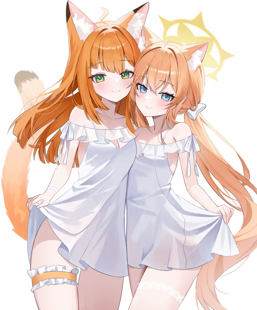 2girls absurdres arknights blue_archive blue_eyes bridal_garter closed_mouth crossover dress green_eyes halo highres long_hair looking_at_viewer mari_(blue_archive) multiple_girls nannung orange_hair papyrus_(arknights) simple_background smile tail white_background white_dress yellow_halo