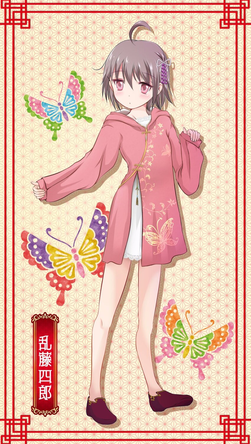 1girl ahoge asa_no_ha_(pattern) bare_legs butterfly_background character_name chinese_clothes commentary_request dress flats grey_hair hair_ornament highres kazzha lace lace-trimmed_dress lace_trim long_sleeves looking_at_hand midare_toushirou_(tenka_hyakken) parted_lips print_dress purple_dress purple_eyes purple_footwear short_hair sleeves_past_wrists solo tenka_hyakken white_dress