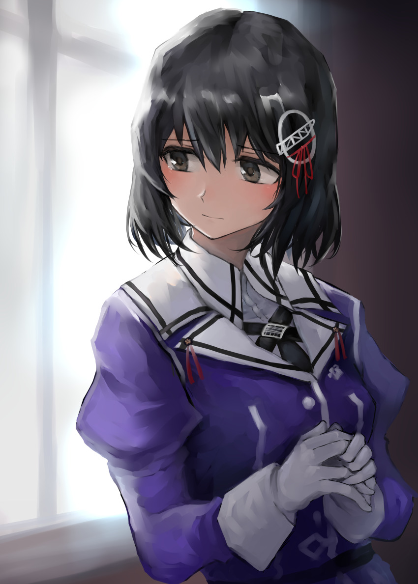 1girl 73suke absurdres black_hair blush brown_eyes collared_shirt day gloves haguro_(kancolle) haguro_kai_ni_(kancolle) hair_ornament highres indoors jacket kantai_collection long_sleeves looking_to_the_side military_uniform purple_jacket sailor_collar shirt short_hair skirt solo upper_body white_gloves window