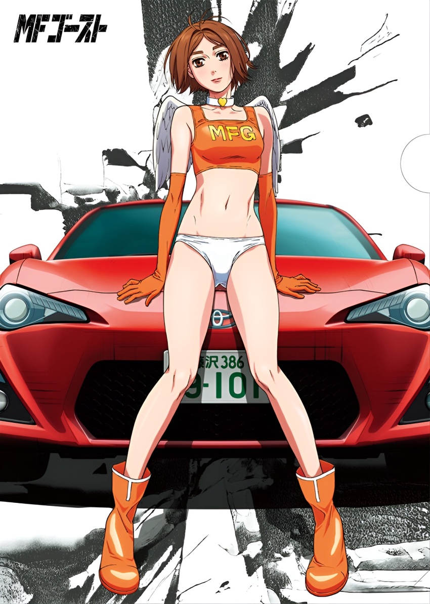 1girl angel_wings ass bikini breasts car collar crop_top elbow_gloves gloves highres makeup medium_breasts mf_ghost motor_vehicle official_art panties race_queen saionji_ren solo swimsuit toyota toyota_86 underwear vehicle white_panties wings