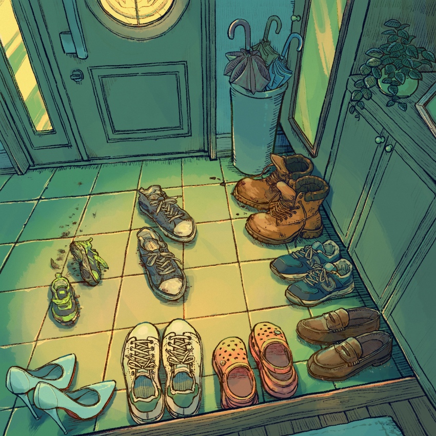 absurdres boots brown_footwear crocs door entrance high_heels highres loafers no_humans original plant port_(portzzz) potted_plant procreate_(medium) scenery shoes sneakers umbrella white_footwear