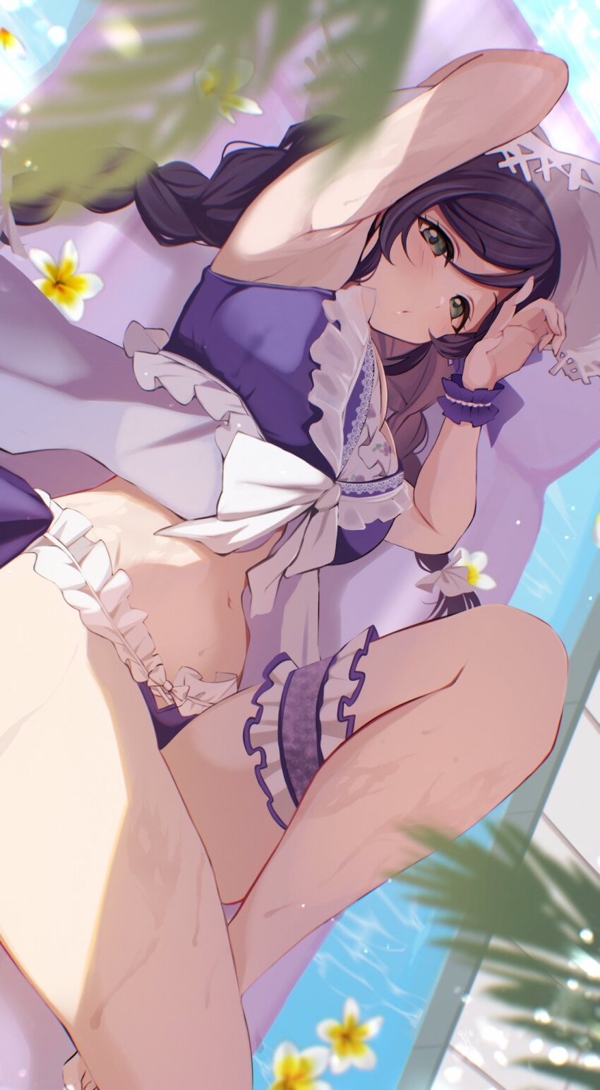 1girl :o arm_behind_head armpits bikini blurry blush braid breasts bridal_garter day depth_of_field dot_nose flower frilled_bikini frilled_cuffs frilled_garter frills from_above green_eyes hand_up hat highres knee_up large_breasts long_hair looking_at_viewer love_live! love_live!_school_idol_project lying navel on_back outdoors pool pukonuu purple_bikini purple_hair sidelocks swimsuit tojo_nozomi twin_braids water wet white_flower white_hat wrist_cuffs