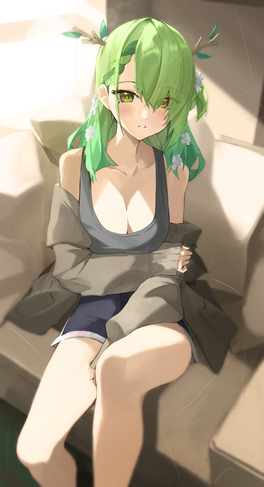 1girl absurdres arm_under_breasts bare_legs bare_shoulders blush braid braided_bangs breasts brown_jacket ceres_fauna cleavage couch flower gradient_hair green_hair grey_shorts grey_tank_top hair_flower hair_ornament hair_over_one_eye highres holding_own_arm hololive hololive_english horns jacket large_breasts long_hair long_sleeves looking_at_viewer loungewear mole mole_under_eye multicolored_hair off_shoulder one_side_up parted_lips short_shorts shorts sitting sleeves_past_wrists solo tank_top tree_horns two-tone_hair virtual_youtuber white_flower yellow_eyes yidh_79