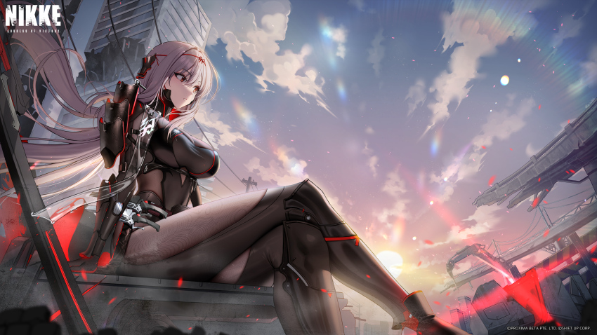 1girl absurdres black_bodysuit blue_sky bodysuit breasts brown_eyes cloud cloudy_sky crossed_legs day goddess_of_victory:_nikke grey_hair highres katana kkuni large_breasts long_hair looking_to_the_side morning official_art outdoors parted_lips scarlet_(black_shadow)_(nikke) scarlet_(nikke) second-party_source sitting sky solo sun sword weapon