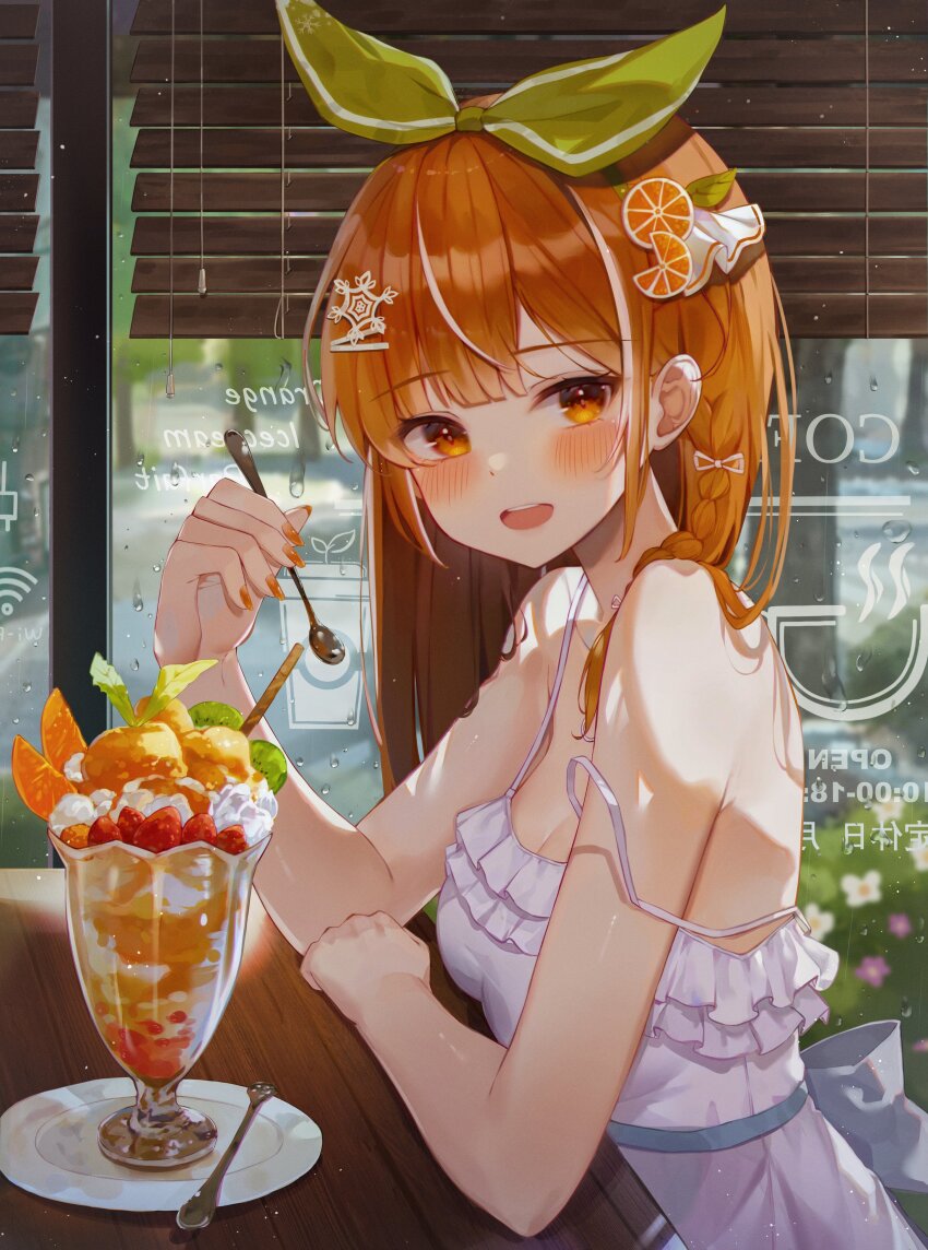 1girl absurdres bare_arms bare_shoulders braid breasts dress haco_entertainment hair_ornament hair_ribbon haneiro highres holding long_hair looking_at_viewer medium_breasts open_mouth orange_eyes orange_hair parfait ribbon sleeveless sleeveless_dress smile snowflake_hair_ornament solo spaghetti_strap spoon strap_gap strap_slip tachibana_shiena virtual_youtuber white_dress