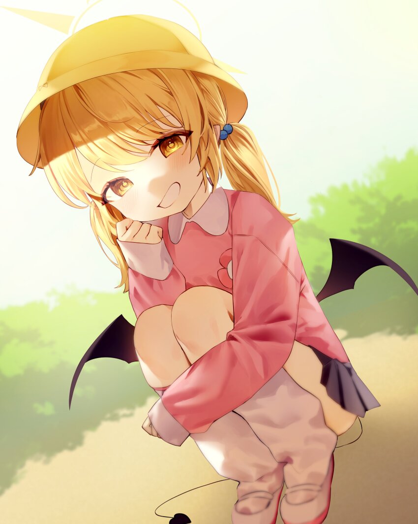 1girl absurdres black_skirt blonde_hair blue_archive blurry blurry_background bush clenched_hand day demon_tail demon_wings hand_up hat highres ibuki_(blue_archive) kindergarten_uniform leg_warmers legs light_blush long_sleeves looking_at_viewer low_twintails low_wings medium_hair miniskirt open_mouth outdoors pink_shirt school_hat shirt shoes sidelocks skirt smile solo squatting syuerito_99 tail thighs twintails uwabaki white_leg_warmers white_shoes wings yellow_eyes yellow_hat