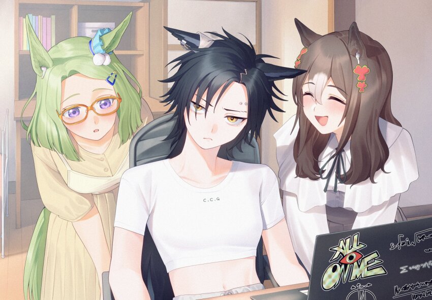 3girls air_messiah_(umamusume) air_shakur_(umamusume) animal_ears asymmetrical_bangs black_hair blush breasts brown_hair closed_eyes closed_mouth clover_hair_ornament computer crop_top desk dress ear_ornament ears_down eyebrow_piercing fine_motion_(umamusume) frown glasses green_hair grey_skirt hair_ornament hairclip highres horse_ears horse_girl horse_tail indoors laptop leaning_forward long_hair long_sleeves looking_at_viewer midriff multiple_girls navel open_mouth parted_bangs piercing purple_eyes shirt shirt_tucked_in short_hair short_sleeves skirt small_breasts smile tail tamayume umamusume white_shirt yellow_dress yellow_eyes