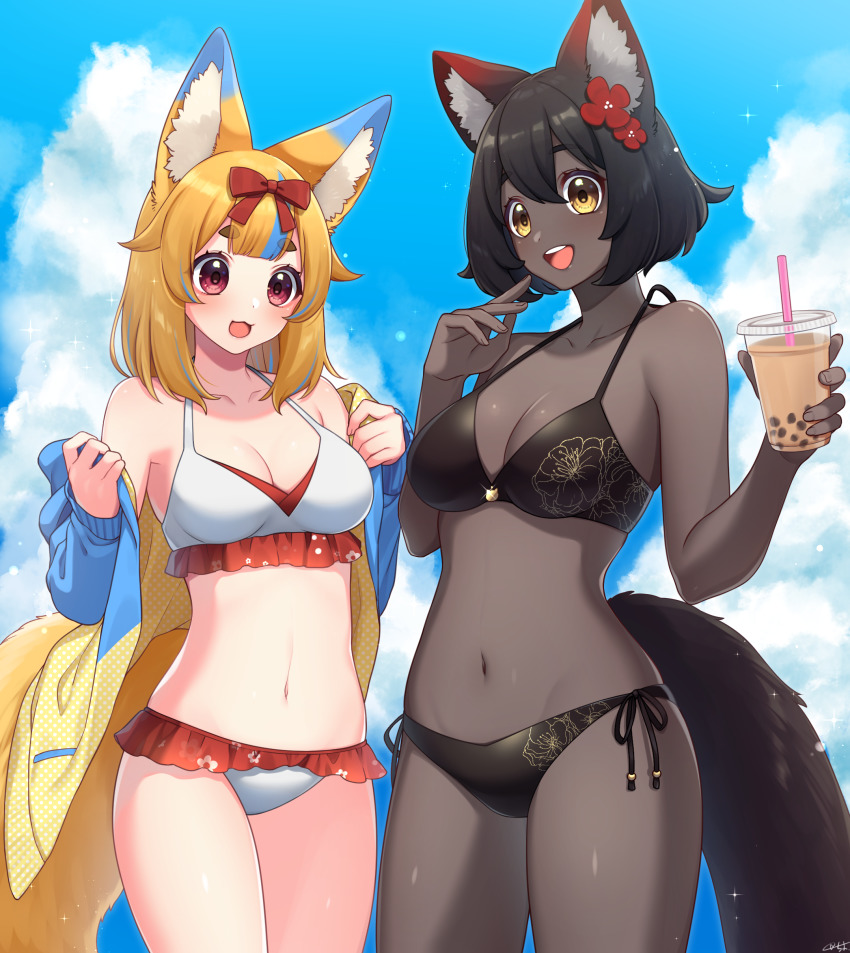 2girls :d absurdres animal_ear_fluff animal_ears bad_id bad_pixiv_id bare_shoulders bikini black_bikini black_hair black_ribbon blue_hair blue_sky blunt_bangs blush bow breasts bubble_tea cleavage cloud collarbone colored_skin commentary_request cowboy_shot cup dark-skinned_female dark_skin day disposable_cup flower fox_ears fox_girl fox_tail frilled_bikini frills hair_bow hair_flower hair_ornament highres indie_virtual_youtuber jacket long_hair long_sleeves medium_breasts multicolored_hair multiple_girls navel off_shoulder open_clothes open_jacket open_mouth outdoors red_bow red_eyes red_flower ribbon round_teeth sakura_chiyo_(konachi000) sakuraba_chiyo short_hair side-tie_bikini_bottom signature sky smile sparkle stomach streaked_hair swimsuit tail teeth thick_eyebrows thighs two-tone_hair undressing upper_teeth_only very_dark_skin virtual_youtuber white_bikini yamano_kayo yellow_eyes