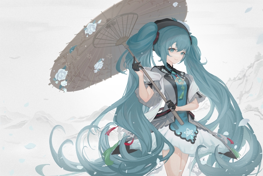 1girl aqua_dress aqua_eyes aqua_hair asukayou black_gloves black_hat chinese_clothes commentary cowboy_shot dress falling_leaves gloves grey_jacket half_gloves hat hatsune_miku highres holding holding_umbrella jacket leaf long_hair looking_at_viewer miku_day miku_with_you_(vocaloid) mountain oil-paper_umbrella open_clothes open_jacket short_dress short_sleeves sideways_glance simple_bird smile solo tassel twintails umbrella very_long_hair vocaloid wide_sleeves