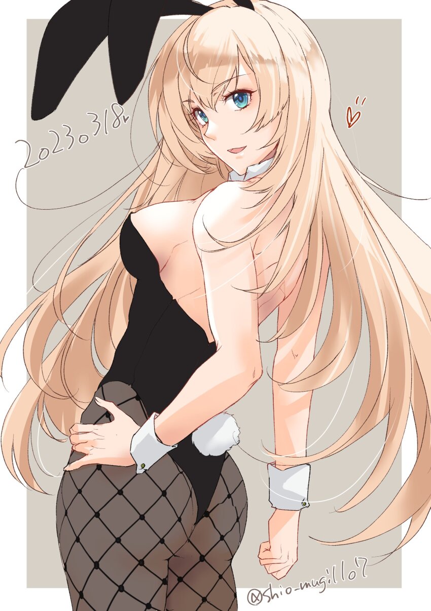 1girl absurdres alternate_costume animal_ears ass back black_leotard black_pantyhose blonde_hair bow bowtie brown_background dated detached_collar fake_animal_ears fake_tail fishnet_pantyhose fishnets highres kantai_collection leotard looking_at_viewer looking_back open_mouth pantyhose playboy_bunny rabbit_tail shiomugi_(shio_mugi1107) smile solo strapless strapless_leotard tail traditional_bowtie twitter_username victorious_(kancolle) white_background wrist_cuffs