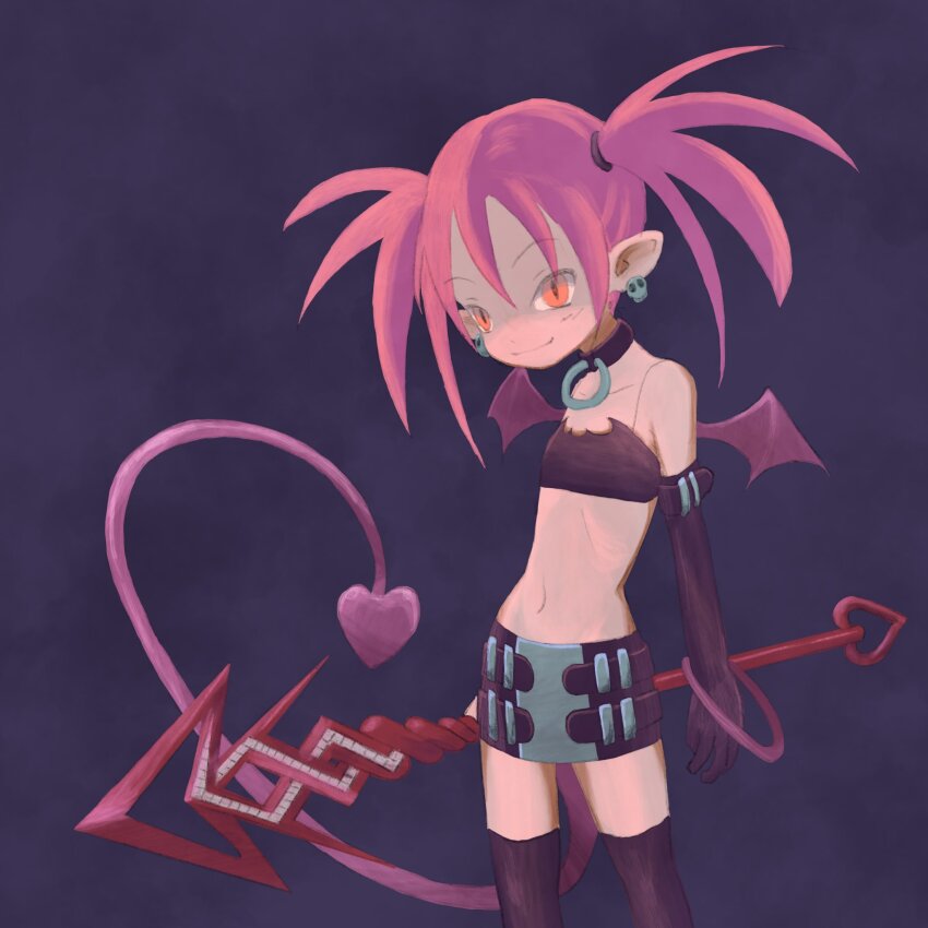 1girl black_thighhighs choker commentary_request crop_top demon_girl demon_tail disgaea earrings elder_spear etna_(disgaea) flat_chest highres jewelry kagami_(mirror_u) looking_at_viewer makai_senki_disgaea mini_wings miniskirt navel o-ring o-ring_choker orange_eyes red_hair red_wings skirt skull_earrings smile solo tail thighhighs twintails wings