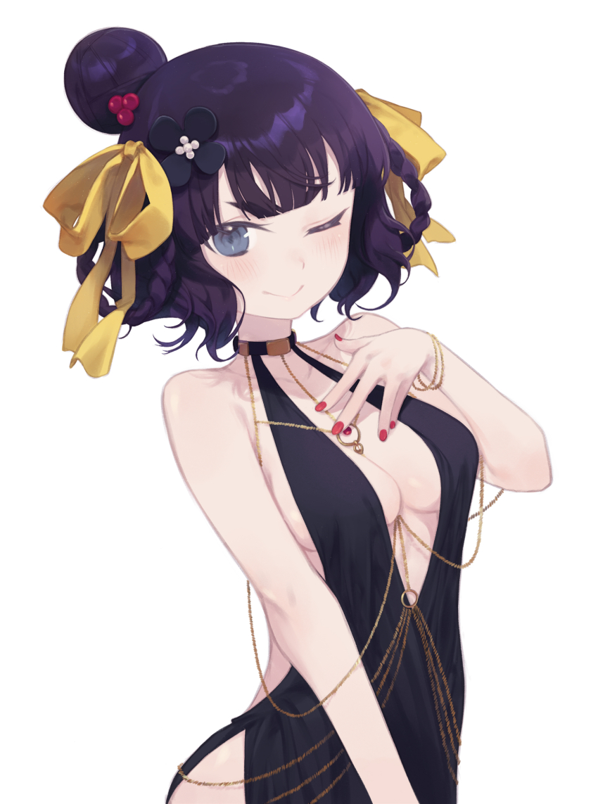 1girl absurdres bare_shoulders bb_(fate) bb_dubai_(fate) bb_dubai_(fate)_(cosplay) belly_chain black_dress blue_eyes blush braid braided_hair_rings breasts center_opening cleavage cosplay daisi_gi dress fate/grand_order fate_(series) hair_bun hair_ornament hair_ribbon hair_rings highres jewelry katsushika_hokusai_(fate) looking_at_viewer medium_breasts nail_polish necklace one_eye_closed purple_hair ribbon short_hair side_slit smile solo twin_braids yellow_ribbon