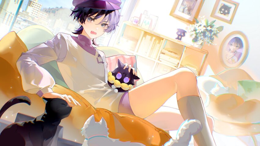 1boy alternate_costume animalization black_cat blunt_ends cat cityscape contemporary cu09291 fang flower genshin_impact hair_between_eyes hat highres indoors long_sleeves male_focus official_alternate_costume on_pillow open_mouth peaked_cap person_and_animalization petting picture_frame plant potted_plant purple_eyes purple_hair purple_hat purple_shorts purple_undershirt scaramouche_(cat)_(genshin_impact) scaramouche_(genshin_impact) shirt shorts skin_fang socks solo stuffed_animal stuffed_toy turtleneck turtleneck_shirt wanderer_(fairy_tale_cat)_(genshin_impact) wanderer_(genshin_impact) white_cat white_flower white_shirt white_sleeves white_socks window