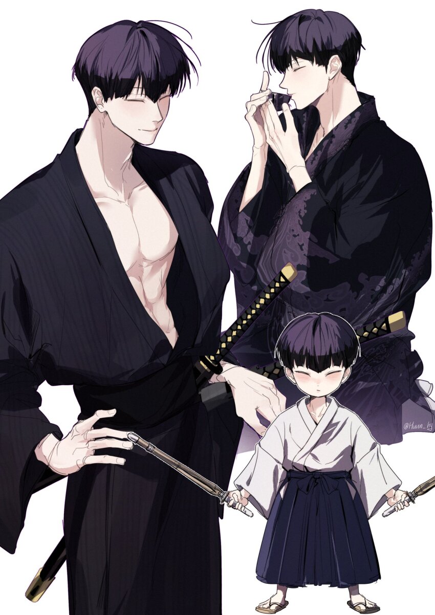 1boy abs black_hair black_kimono blue_hakama choko_(cup) closed_eyes closed_mouth commentary cropped_legs cup drinking dual_wielding hair_between_eyes hakama hakama_skirt hand_on_own_hip hands_up highres holding holding_cup holding_sword holding_weapon hoshina_soshiro hunn_hy japanese_clothes kaijuu_no._8 katana kimono korean_commentary long_sleeves male_focus multiple_views open_clothes open_kimono patterned_clothing pectorals pinky_out sandals shinai shoes simple_background skirt smile sword weapon white_background wide_sleeves yukata