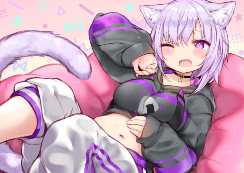 1girl animal_ears asymmetrical_pants black_choker black_hoodie blush breasts brown_background cat_ears cat_girl cat_tail choker drooling food_print hair_between_eyes highres hololive hood hood_down hoodie long_sleeves lying medium_breasts midriff navel nekomata_okayu nekomata_okayu_(1st_costume) on_back one_eye_closed onigiri_print open_mouth pants print_hoodie puffy_long_sleeves puffy_sleeves purple_eyes purple_hair saliva sleeves_past_wrists solo sukemyon tail tail_raised virtual_youtuber wavy_mouth white_pants