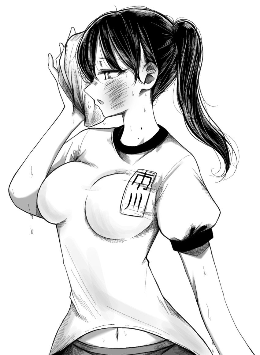 1girl ao_tanuki blush boku_no_kokoro_no_yabai_yatsu breasts commentary dated_commentary from_side greyscale gym_shirt hand_up handkerchief highres holding holding_handkerchief medium_breasts medium_hair mole mole_on_neck monochrome multiple_moles navel open_mouth profile shirt short_sleeves side_ponytail sideways_mouth simple_background solo sweat white_background wiping_face yamada_anna