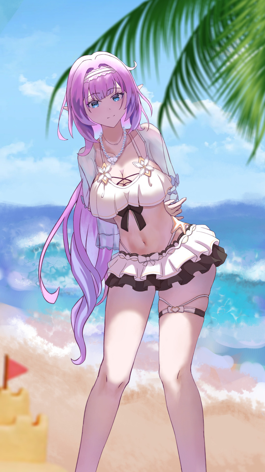 1girl absurdres akio arms_behind_back bare_legs beach bikini blue_eyes blue_sky breasts cleavage closed_mouth detached_sleeves elf elysia_(honkai_impact) elysia_(miss_pink_elf)_(honkai_impact) elysia_(summer_miss_elf)_(honkai_impact) hairband highres honkai_(series) honkai_impact_3rd jewelry large_breasts long_hair looking_at_viewer navel necklace ocean pearl_necklace pink_hair pointy_ears sand_castle sand_sculpture see-through_clothes see-through_sleeves sky solo stomach summer swimsuit thigh_strap white_bikini white_hairband