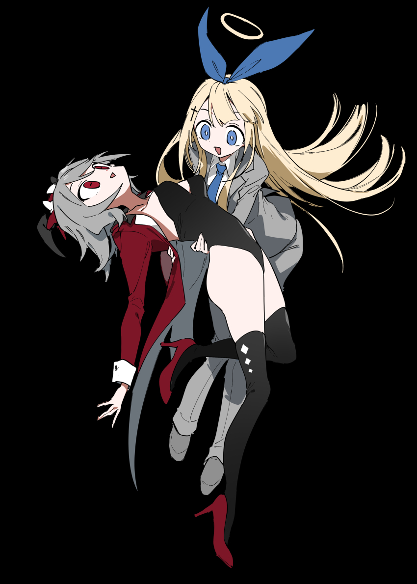 2girls absurdres ass black_background black_leotard black_thighhighs blonde_hair blue_eyes blue_ribbon breasts carrying carrying_person coattails cross_hair_ornament floating_hair formal_clothes fujiyama full_body grey_hair grey_jacket grey_pants grey_shoes grey_suit hair_ornament hair_ribbon halo high_heels highleg highleg_leotard highres horizontal_pupils horns jacket large_breasts large_ribbon leaning_back leaning_forward leotard long_hair long_sleeves looking_at_another looking_up medium_hair multiple_girls open_clothes open_jacket open_mouth pants red_eyes red_jacket red_shoes ribbon simple_background sleeve_cuffs smile standing standing_on_one_leg strapless strapless_leotard suit tententengokujigokugoku_(aiobahn) thighhighs