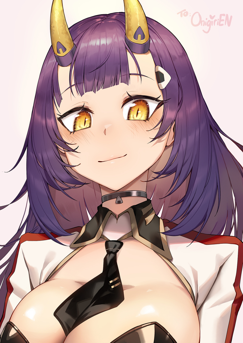 1girl between_breasts blush breasts choker cleavage female_focus hair_ornament highres horns indie_virtual_youtuber large_breasts light_smile looking_at_viewer necktie necktie_between_breasts oni oni_horns onigiri_(vtuber) purple_hair simple_background upper_body virtual_youtuber whispering_for_nothing yellow_eyes