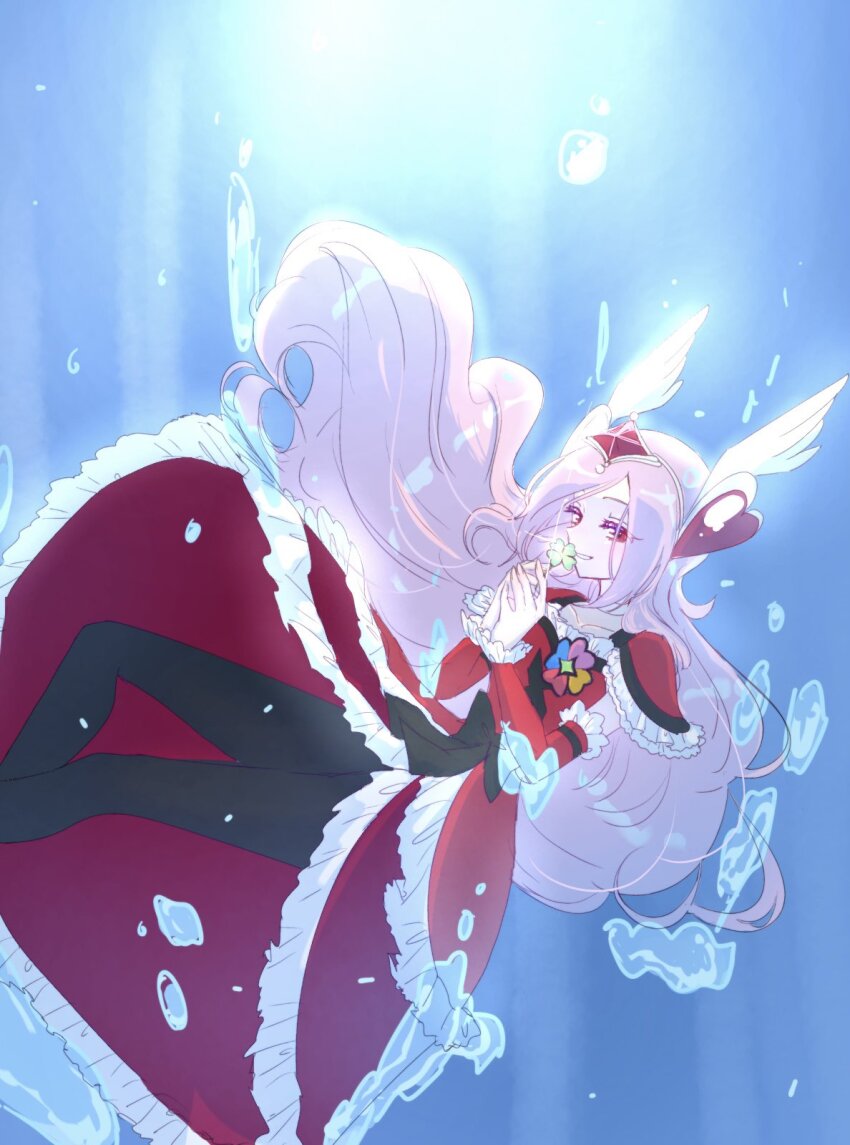 1girl asphyxiation clover collarbone cure_passion diamond_(shape) diamond_hair_ornament dress drowning eas_(fresh_precure!) floating_hair four-leaf_clover fresh_precure! frilled_dress frilled_skirt frills full_body gloves hair_floating_upwards hair_flowing_over hair_ornament head_wings heart heart_hair_ornament higashi_setsuna highres holding holding_clover leggings long_hair looking_at_object mature_female namo_(namo_suuun) pale_skin parted_bangs pink_hair precure skirt skirt_flip solo solo_focus underwater water water_drop watermark wing_hair_ornament wings