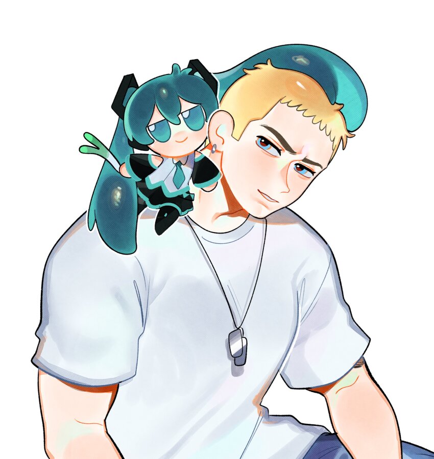 1boy blonde_hair blue_eyes character_doll chibi dog_tags earrings eminem hatsune_miku highres jewelry male_focus necklace pale_skin real_life reisame shirt short_hair smile t-shirt vocaloid