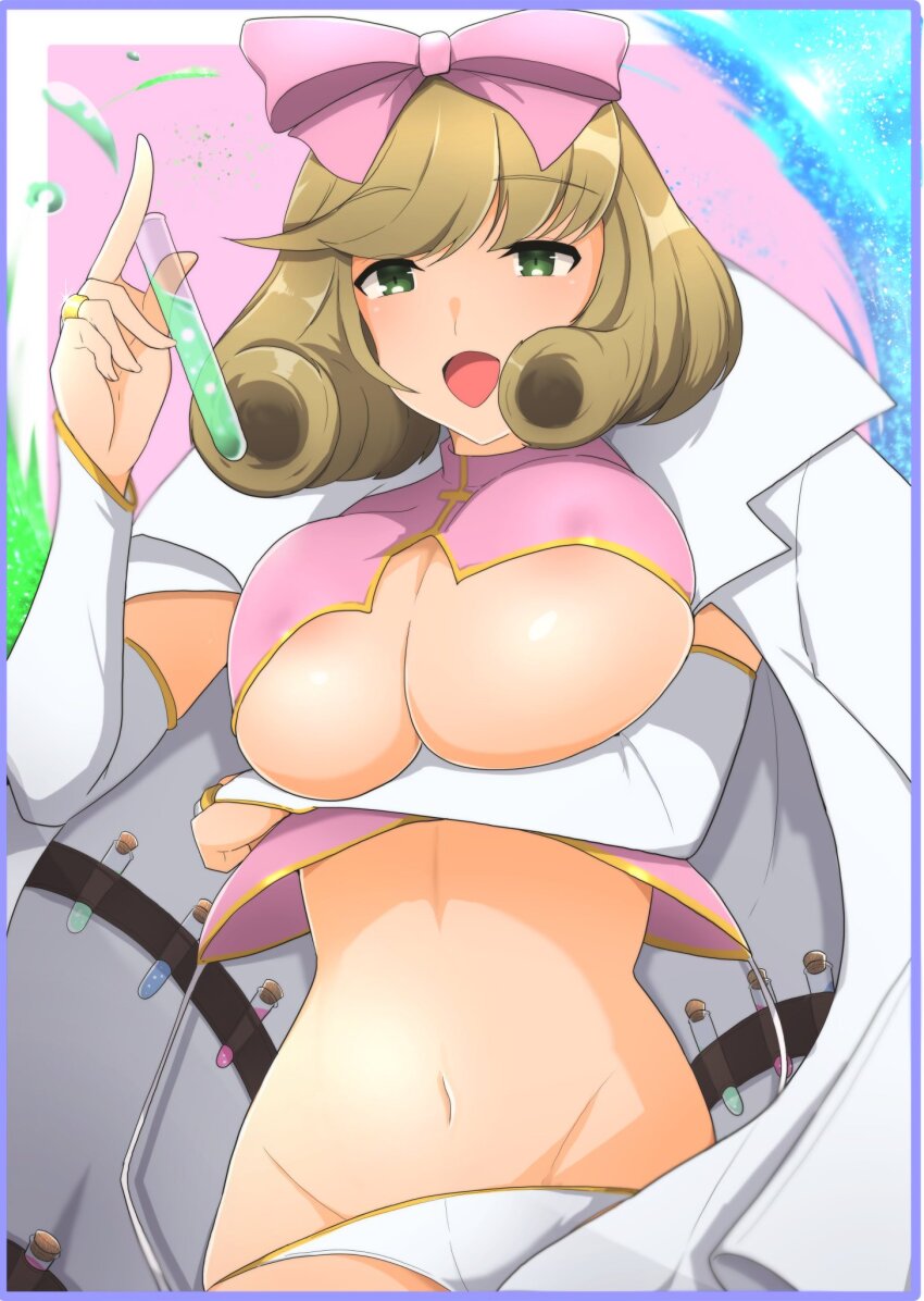 1girl areola_slip bare_shoulders breasts brown_hair coat crop_top green_eyes hair_ribbon haruka_(senran_kagura) large_breasts medium_hair open_mouth panties rasetuayano ribbon senran_kagura sleeveless test_tube underboob underwear