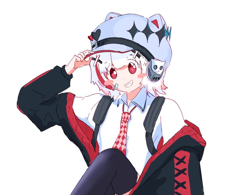 bandages black_jacket blush_stickers dtto. headphones highres jacket looking_at_viewer necktie red_eyes scarz shirt smile thighhighs virtual_youtuber white_hair white_headwear white_shirt zaruno