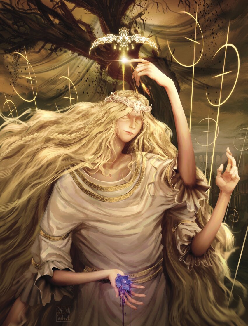 1boy absurdly_long_hair artist_name blonde_hair braid circlet closed_eyes commentary crown_braid dated elden_ring elden_ring:_shadow_of_the_erdtree english_commentary extra_arms flower gold_circlet golden_cross_(elden_ring) highres holding holding_flower jillvalart long_hair miquella_(elden_ring) purple_flower scadutree_(elden_ring) sleeveless_tunic smile tunic twin_braids very_long_hair wavy_hair white_tunic