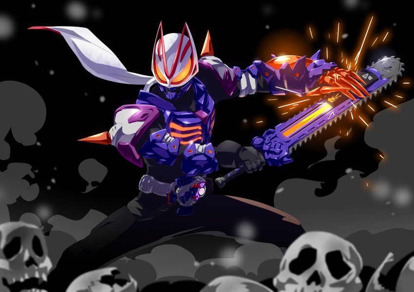 1boy armor armored_gloves black_bodysuit black_gloves bodysuit boots chainsaw claw_(weapon) cowboy_shot desire_driver finishing_move fox fox_mask gloves highres kamen_rider kamen_rider_geats kamen_rider_geats_(series) kitsune looking_at_viewer male_focus mask otokamu over_shoulder purple_armor raise_buckle scarf shoulder_spikes skull spikes spread_legs sword weapon weapon_over_shoulder white_scarf zombie zombie_breaker