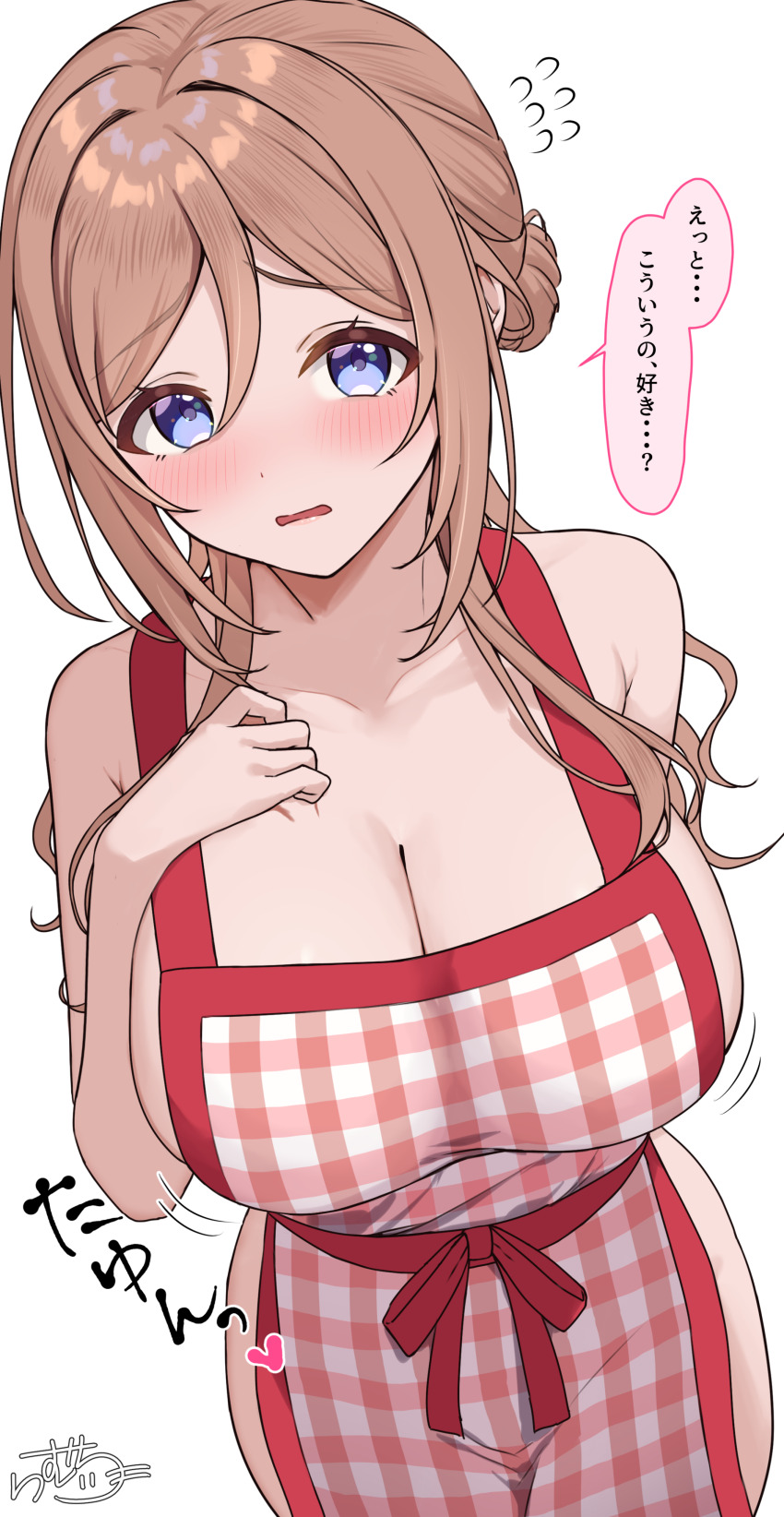 1girl absurdres apron blue_eyes blush breasts brown_hair cleavage collarbone commentary_request gakuen_idolmaster hair_between_eyes highres himesaki_rinami idolmaster large_breasts long_hair looking_at_viewer naked_apron plaid_apron plaid_clothes ramchi signature solo speech_bubble thighs translation_request