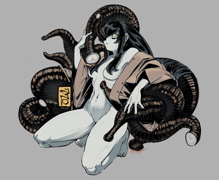 1girl 770mk black_hair convenient_censoring hair_over_breasts highres leech leech_girl naked_shirt original seiza shirt sitting