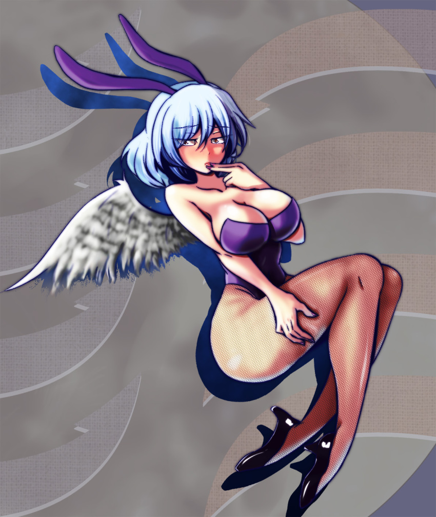 1girl alternate_costume alternate_hair_color angel_wings animal_ears arrow_(symbol) black_footwear blue_hair blush breasts cleavage collarbone eyebrows eyes_visible_through_hair fake_animal_ears fingers_to_mouth fishnet_pantyhose fishnets grey_wings high_heels highres jiwieru kishin_sagume large_breasts legs leotard looking_at_viewer moon nail_polish pantyhose pink_lips playboy_bunny purple_nails rabbit_ears red_eyes shadow shiny_skin shoes short_hair single_wing solo thick_thighs thighs touhou wings