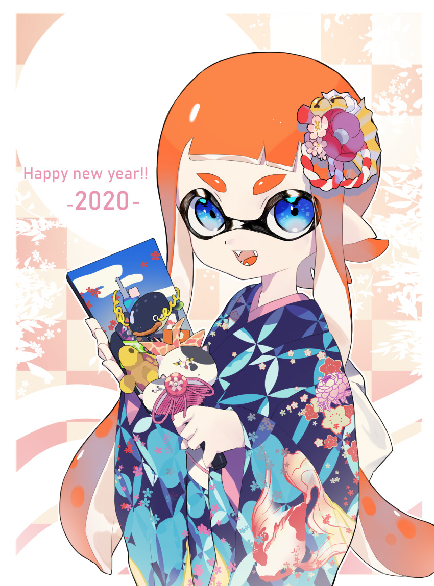 1girl 2020 absurdres amatya bell blue_eyes blue_kimono border colored_tongue commentary_request dated fangs floral_print floral_print_kimono flower hair_bell hair_flower hair_ornament happy_new_year highres holding inkling inkling_girl inkling_player_character japanese_clothes jingle_bell judd_(splatoon) kimono li&#039;l_judd_(splatoon) long_hair long_sleeves new_year nintendo open_mouth orange_background orange_hair orange_tongue pink_flower pointy_ears print_kimono red_flower smile solo splatoon_(series) splatoon_2 tentacle_hair twintails upper_body very_long_hair white_border wide_sleeves zapfish