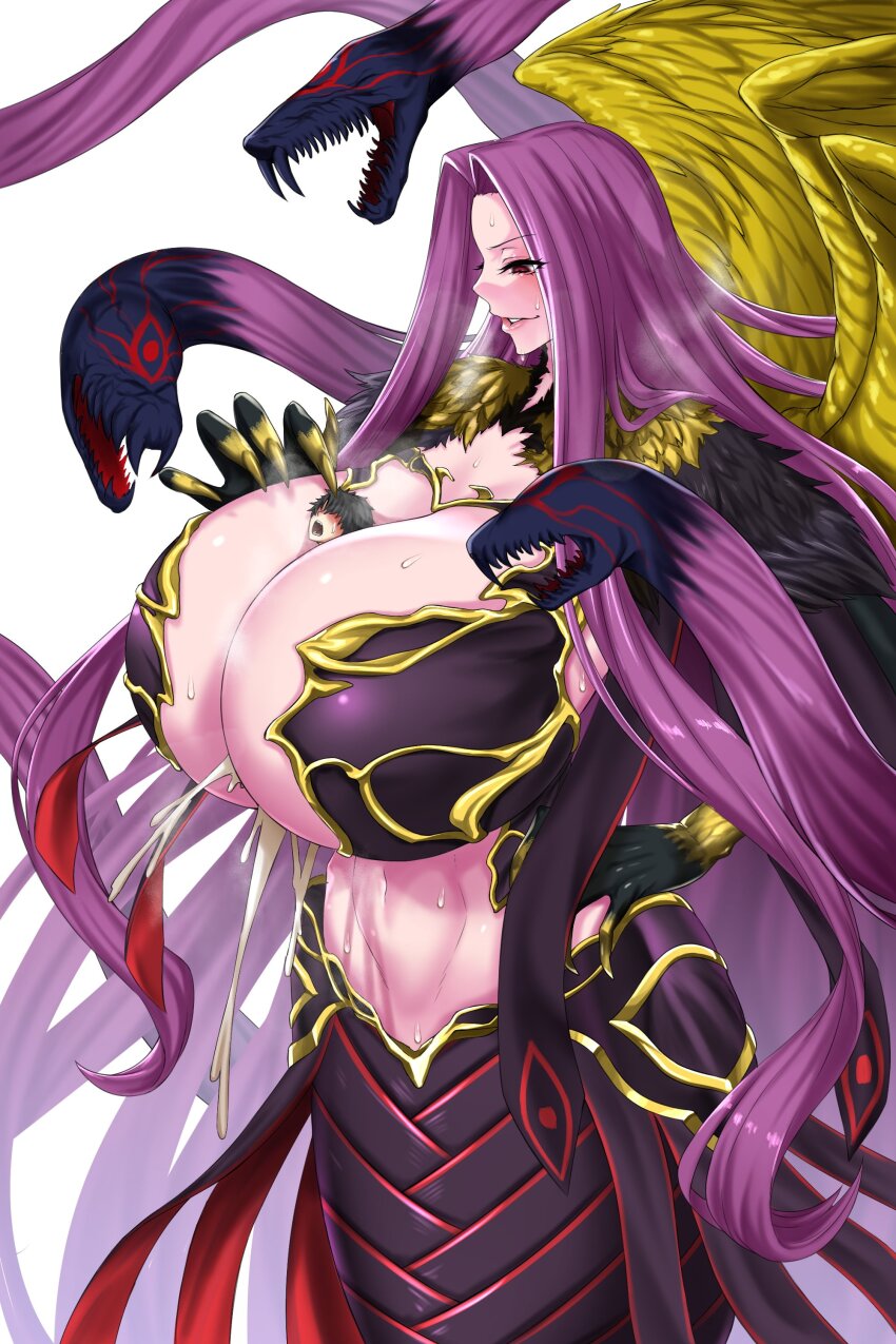 1boy 1girl absurdres between_breasts breasts cleavage cum cum_on_body cum_on_breasts cum_on_upper_body fate/grand_order fate_(series) femdom fingernails gorgon_(fate) grin hair_intakes handsfree_paizuri highres huge_breasts long_hair medusa_(fate) medusa_(rider)_(fate) mini_person miniboy monster_girl ong_(0000ong) paizuri pruh purple_hair red_eyes rider scales sharp_fingernails simple_background size_difference smile snake_hair snake_tail sweat tail very_long_hair white_background wings