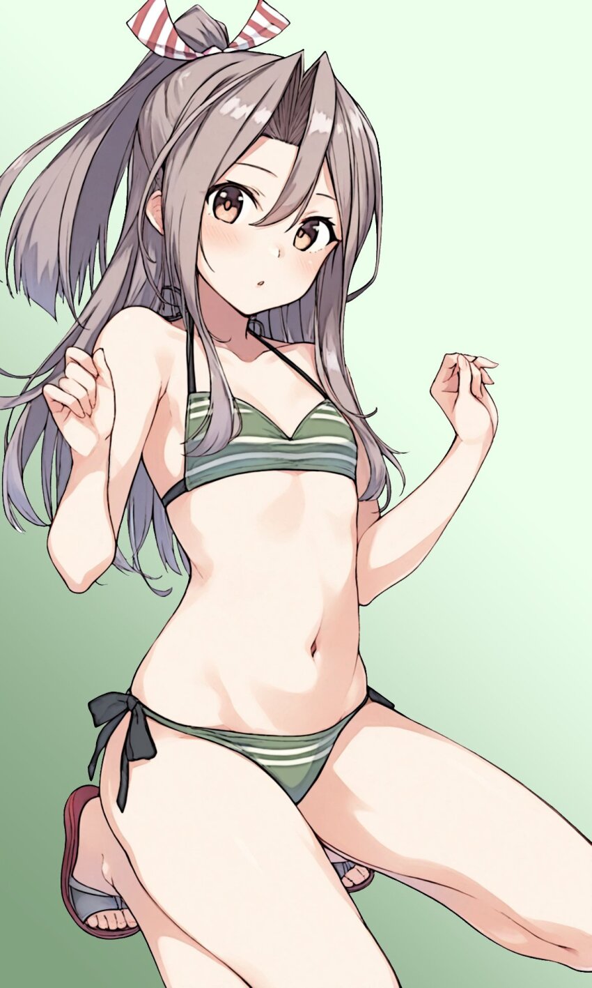 1girl bikini breasts green_bikini grey_hair highres kantai_collection kneeling looking_at_viewer mochimugi_pilaf_(cocka_mkv) open_mouth orange_hair ponytail small_breasts solo striped_bikini striped_clothes swimsuit toes zuihou_(kancolle)