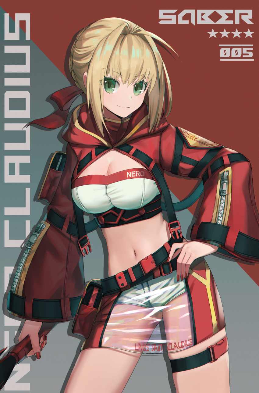 1girl absurdres adapted_costume aestus_estus ahoge alternate_costume bandeau blonde_hair breasts cleavage commentary_request cropped_jacket dolce_(dolsuke) dress fate/grand_order fate_(series) green_eyes hair_bun hair_intakes hair_ribbon highres holding holding_sword holding_weapon hood hood_down jacket large_breasts long_sleeves midriff miniskirt navel nero_claudius_(fate) nero_claudius_(fate)_(all) nero_claudius_(fate/extra) red_dress red_jacket red_nails red_ribbon revision ribbon see-through_clothes see-through_skirt short_shorts shorts shorts_under_skirt single_hair_bun skirt solo sword weapon white_shorts