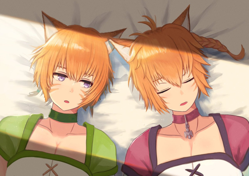 animal_ears braid cat cat_ears cat_girl closed_eyes collar facepaint fang fire_emblem fire_emblem:_path_of_radiance fire_emblem:_radiant_dawn labebebe_lee lethe_(fire_emblem) lying lyre_(fire_emblem) nintendo on_bed orange_hair purple_eyes siblings sisters sleeping twins