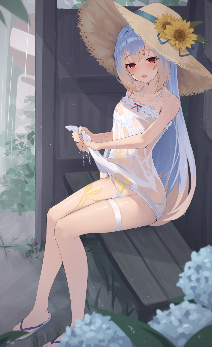 1girl bare_shoulders bitseon blonde_hair blue_hair blush borrowed_character breasts bus_stop dress flower hat hat_flower highres leg_tattoo long_hair looking_at_viewer multicolored_hair no_panties off-shoulder_dress off_shoulder open_mouth original outdoors red_eyes rural sandals see-through_clothes see-through_dress small_breasts solo stomach_tattoo straw_hat taking_shelter tattoo thigh_strap two-tone_hair wakamezake wet wet_clothes wet_dress white_dress