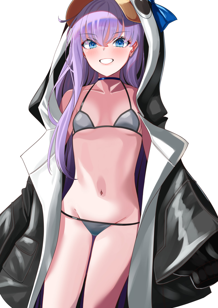 1girl absurdres animal_hood bare_shoulders bikini black_bikini black_jacket blue_bow blue_eyes blush bow breasts choker collarbone fate/grand_order fate_(series) grin groin highres hood hood_up jacket long_hair long_sleeves looking_at_viewer meltryllis meltryllis_(fate) meltryllis_(swimsuit_lancer)_(fate) meltryllis_(swimsuit_lancer)_(first_ascension)_(fate) navel nigori_(keydoor) penguin_hood purple_hair sleeves_past_fingers sleeves_past_wrists small_breasts smile solo swimsuit thighs very_long_hair