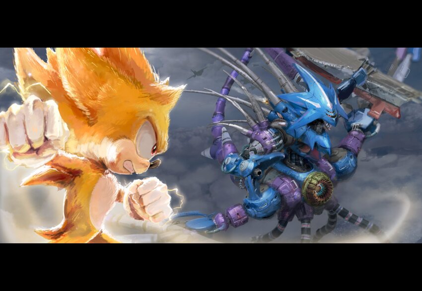 2boys absurdres animal_nose armor aura battle black_sclera blue_armor body_fur claws clenched_hands clenched_teeth cloud cmihaii colored_sclera dark_clouds electricity flying furry furry_male gloves hands_up hedgehog_boy highres male_focus mechanical_tentacles metal_overlord metal_sonic multiple_boys non-humanoid_robot overcast red_eyes robot short_tail sky sonic_(live_action) sonic_(series) sonic_heroes sonic_the_hedgehog spines super_sonic tail teeth turbine v-shaped_eyes white_gloves yellow_fur