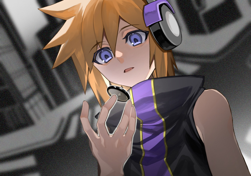 1boy blue_eyes blurry blurry_background floating floating_object grey_background hair_between_eyes headphones highres keiseki1 looking_at_object male_focus orange_hair pin sakuraba_neku short_hair sleeveless solo spiked_hair square_enix subarashiki_kono_sekai