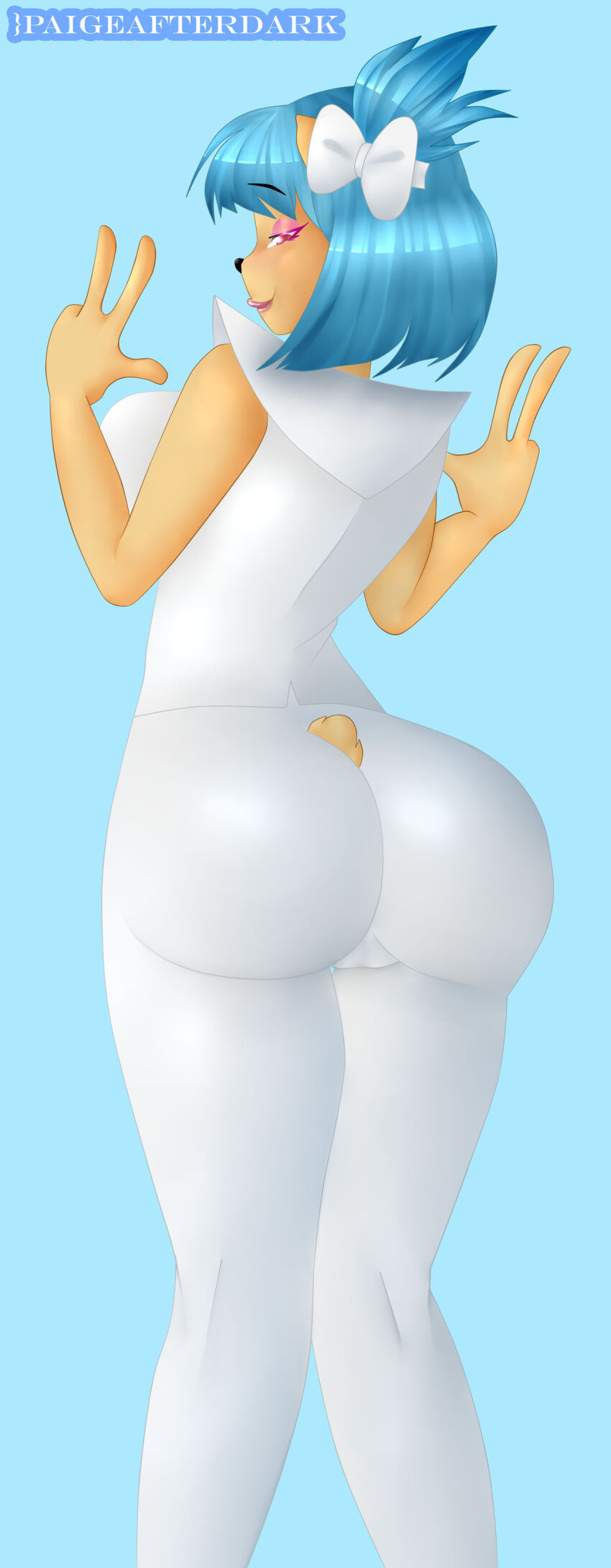 1girl absurdres ass ass_focus bare_shoulders blue_hair bodysuit bow breasts cameltoe come_hither crash_bandicoot_(series) from_behind furry hair_bow highres huge_ass large_breasts looking_at_viewer megumi_bandicoot naughty_face paigeafterdark pants red_eyes short_hair side_ponytail sideboob smile solo tail