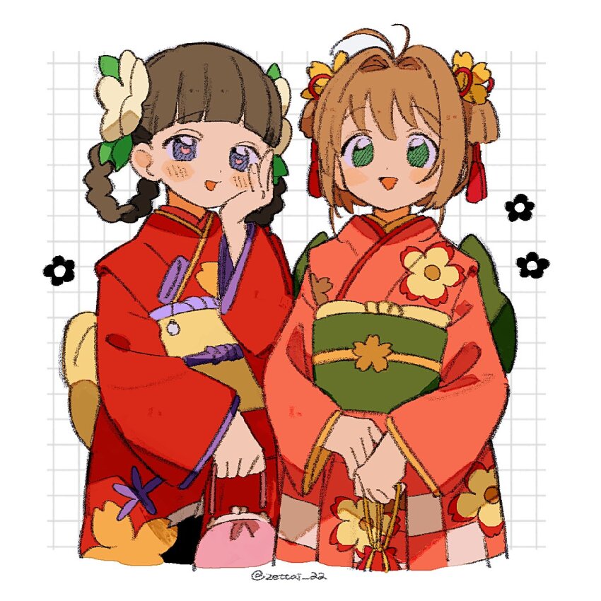 2girls blunt_bangs blush cardcaptor_sakura cowboy_shot daidouji_tomoyo floral_print floral_print_kimono flower hair_flower hair_ornament hand_on_own_cheek hand_on_own_face highres japanese_clothes kimono kinomoto_sakura looking_at_viewer multiple_girls obi orange_kimono print_kimono purple_eyes red_kimono sash sidelocks simple_background smile twitter_username white_background zettai_22