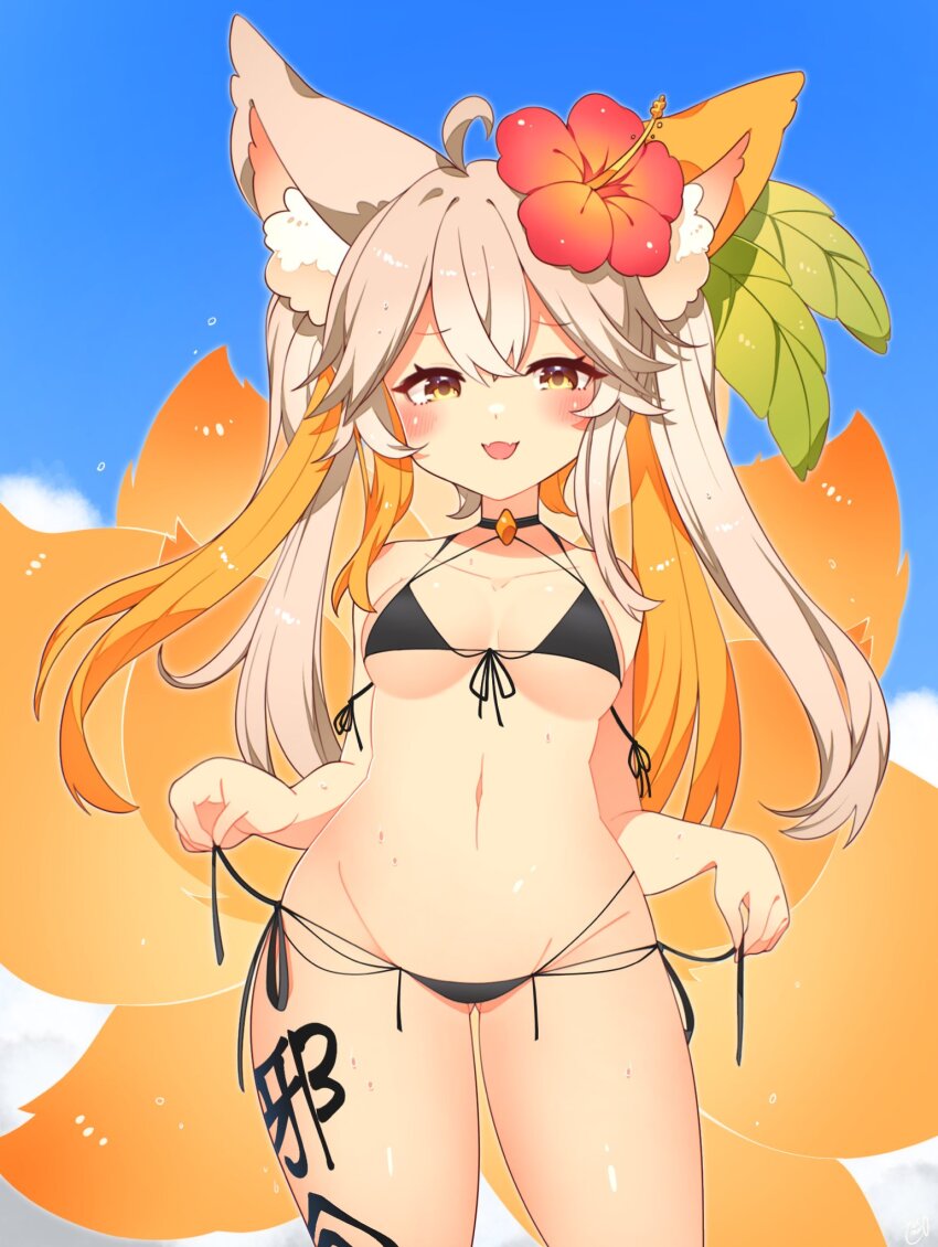 1girl ahoge animal_ear_fluff animal_ears bikini bikini_pull black_bikini blush breasts brown_eyes brown_hair clothes_pull cloud flower fox_ears fox_girl fox_tail groin hair_flower hair_ornament highres leaf_hair_ornament long_hair lowleg lowleg_bikini micro_bikini multiple_tails navel open_mouth original outdoors pulling_own_clothes side-tie_bikini_bottom sky smile solo stomach swimsuit tail thighs toconikky twintails