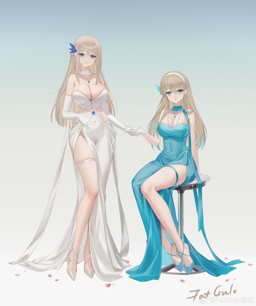 2girls absurdres bare_shoulders blonde_hair blue_dress blue_eyes blue_footwear breasts cleavage dress dual_persona elbow_gloves fatgulofei_gu feather_hair_ornament feathers full_body gloves gradient_hair hair_ornament hairband high_heels highres jewelry large_breasts lexington_(cv-16)_(warship_girls_r) lexington_(warship_girls_r) long_dress long_hair looking_at_viewer multicolored_hair multiple_girls necklace petals side_slit sitting smile stool thigh_strap warship_girls_r white_dress white_footwear white_gloves white_hairband